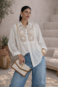 Camisa Longa com Renda Guipier | Off White | Veste 36 a 46