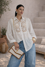 Camisa Longa com Renda Guipier | Off White | Veste 36 a 46