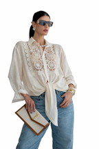 Camisa Longa com Renda Guipier | Off White | Veste 36 a 46