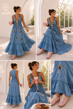 Vestido Regata Jeans  Longo Bordado | Azul
