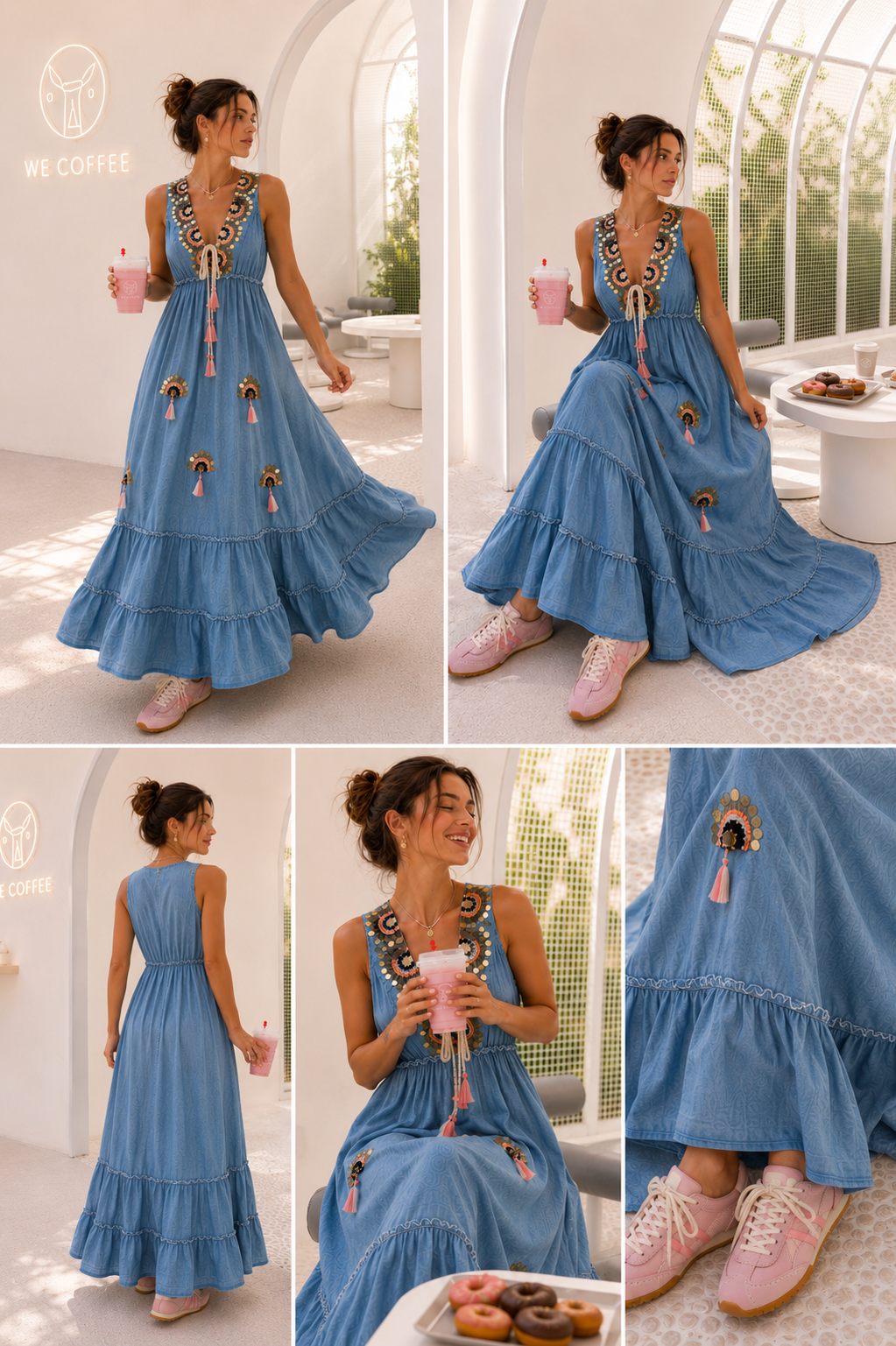 Vestido Regata Jeans  Longo Bordado | Azul