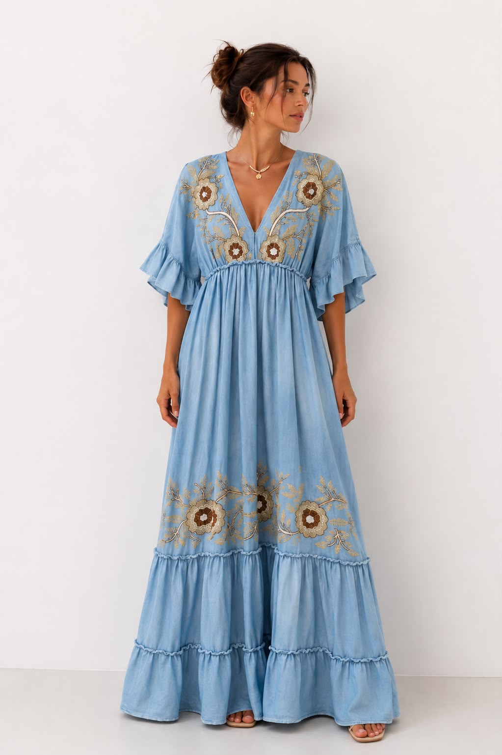 Vestido Jeans Longo Bordado | Azul